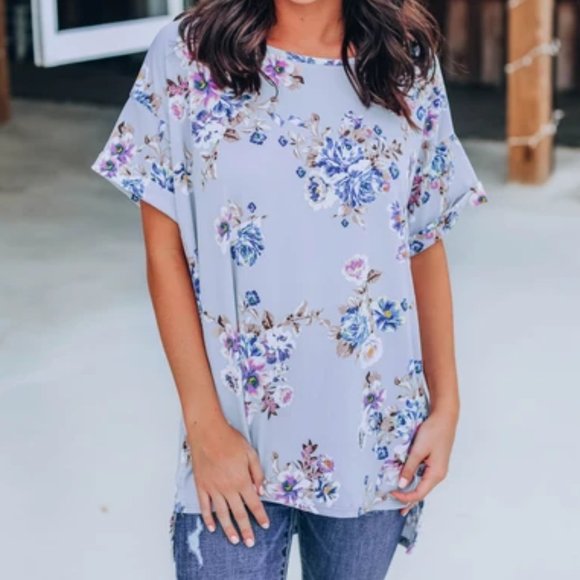 white birch Tops - Gray, Lavender & Blue Bouquet Top